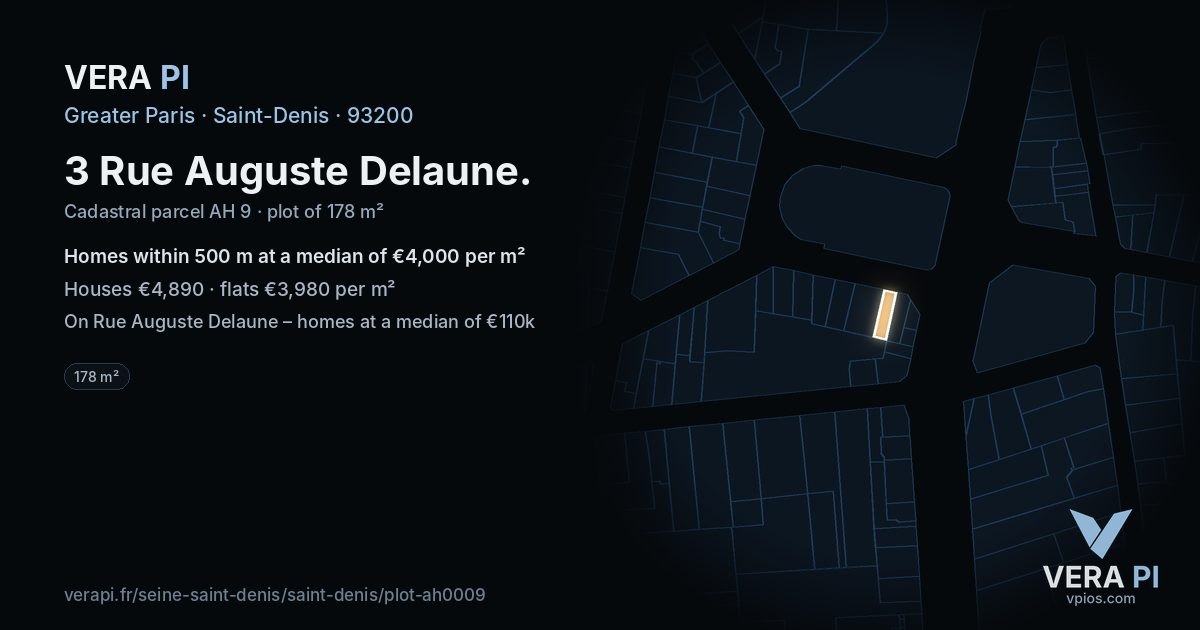 3 Rue Auguste Delaune, Saint-Denis at night – the plot lit, the parcels around coloured by the prices near them