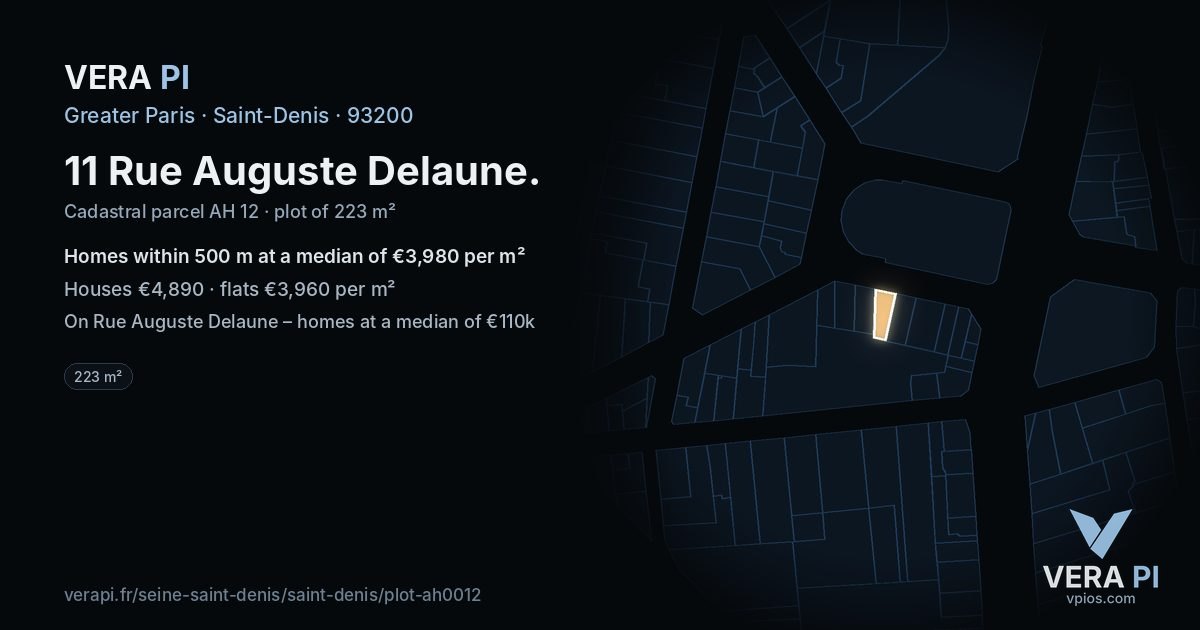 11 Rue Auguste Delaune, Saint-Denis at night – the plot lit, the parcels around coloured by the prices near them