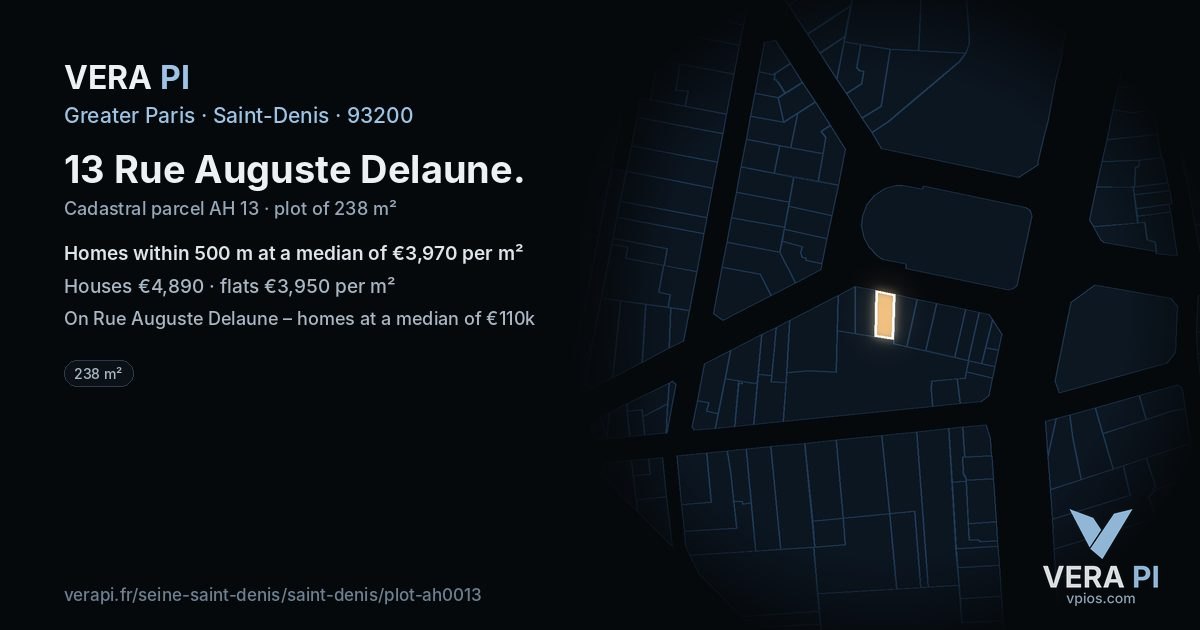 13 Rue Auguste Delaune, Saint-Denis at night – the plot lit, the parcels around coloured by the prices near them