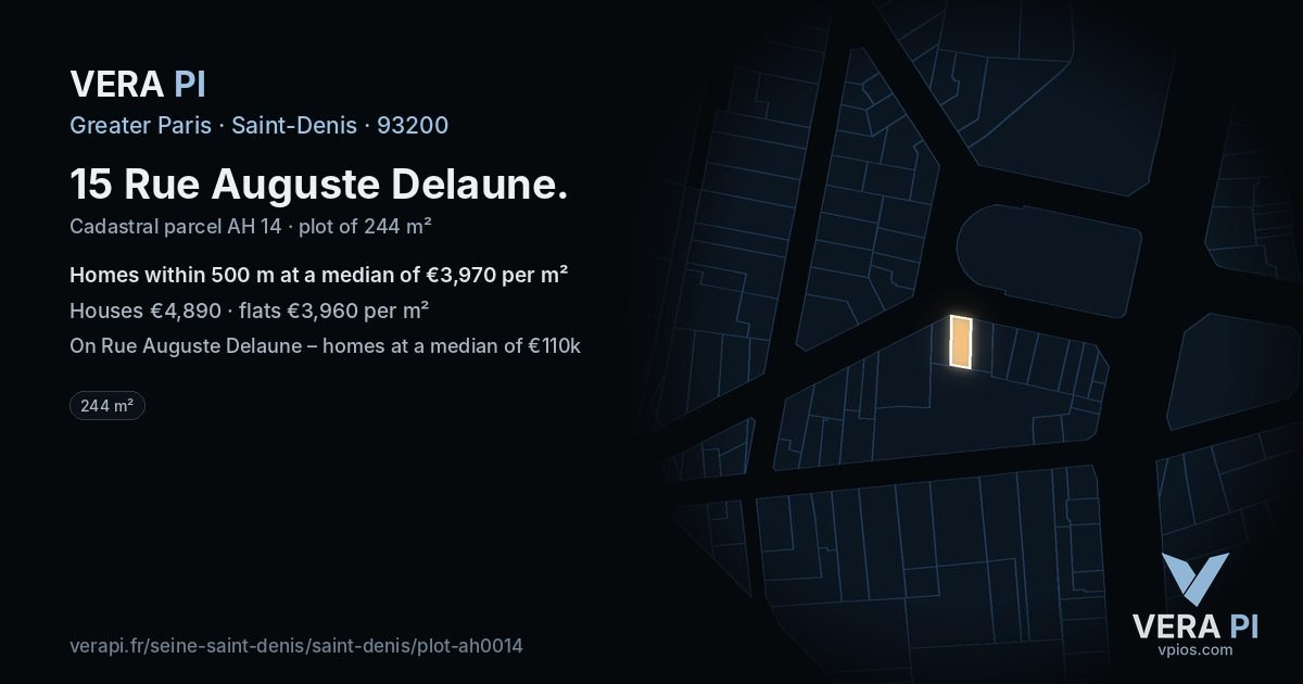 15 Rue Auguste Delaune, Saint-Denis at night – the plot lit, the parcels around coloured by the prices near them