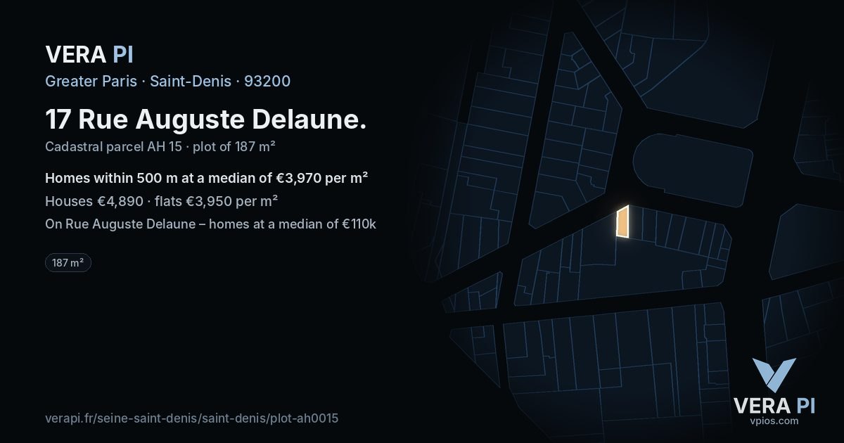 17 Rue Auguste Delaune, Saint-Denis at night – the plot lit, the parcels around coloured by the prices near them