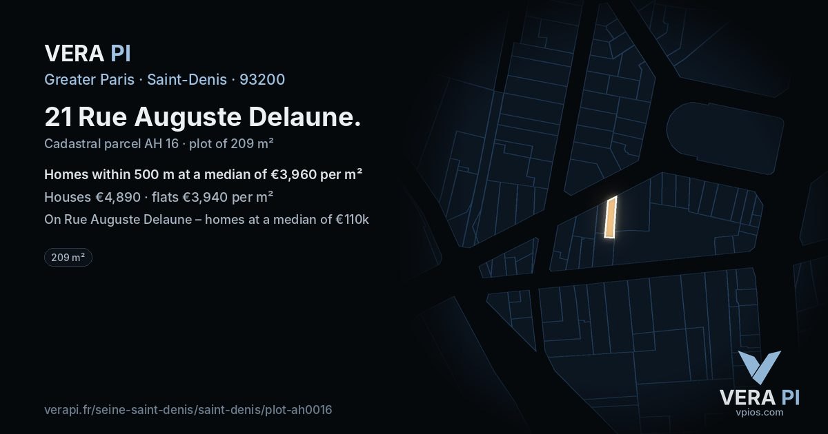 21 Rue Auguste Delaune, Saint-Denis at night – the plot lit, the parcels around coloured by the prices near them