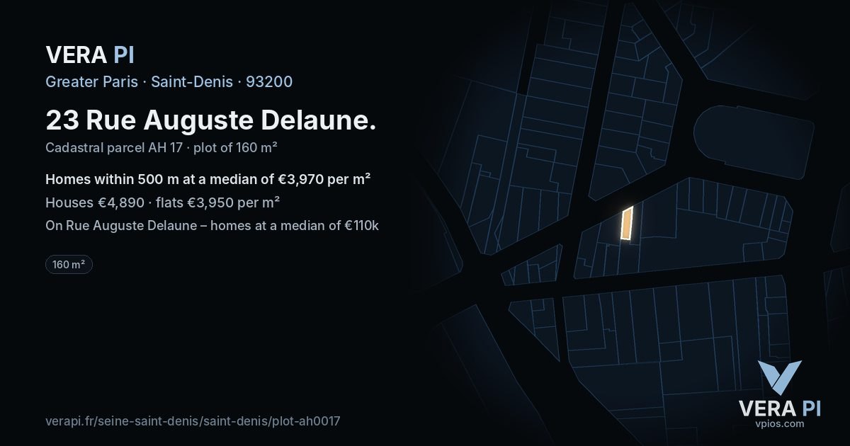 23 Rue Auguste Delaune, Saint-Denis at night – the plot lit, the parcels around coloured by the prices near them