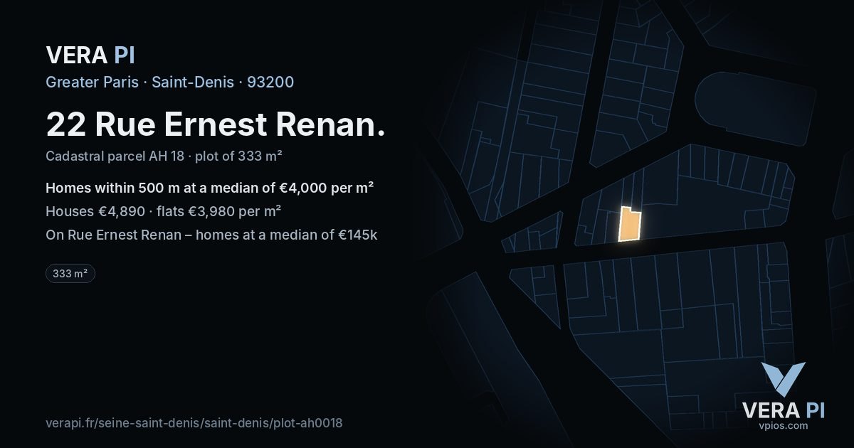 22 Rue Ernest Renan, Saint-Denis at night – the plot lit, the parcels around coloured by the prices near them