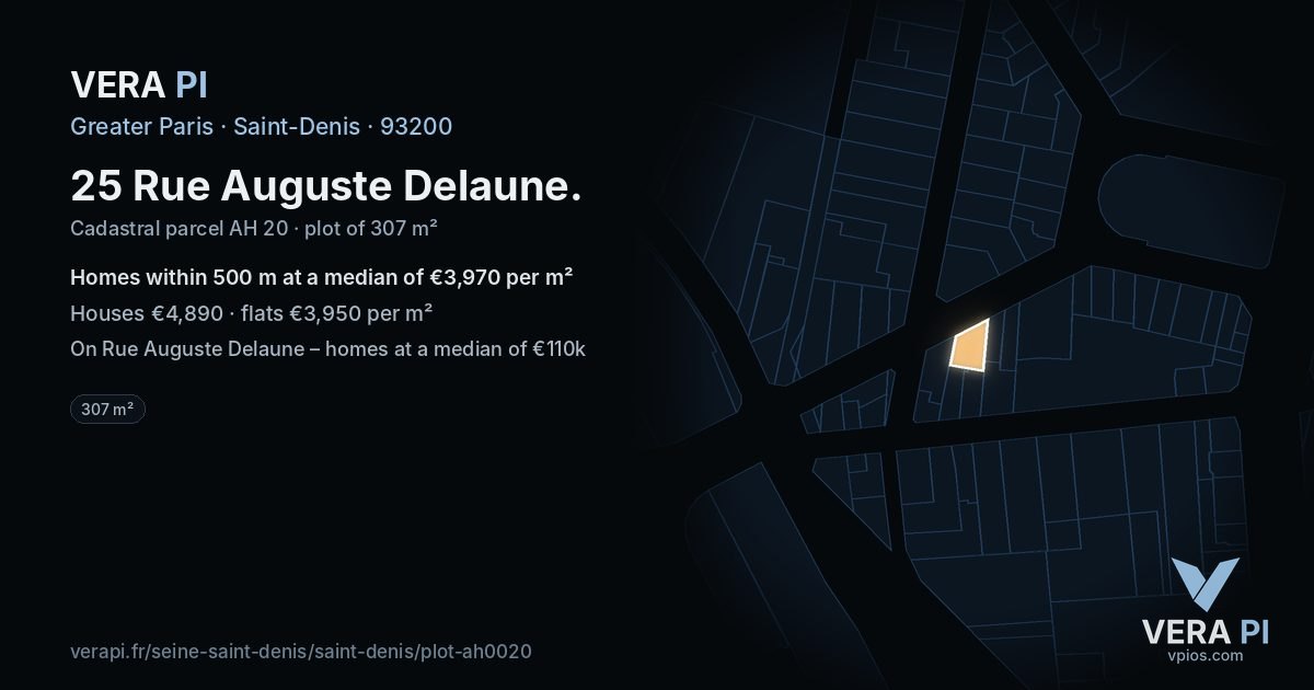 25 Rue Auguste Delaune, Saint-Denis at night – the plot lit, the parcels around coloured by the prices near them