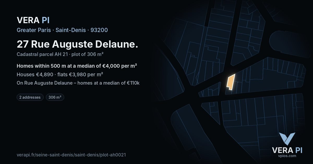 27 Rue Auguste Delaune, Saint-Denis at night – the plot lit, the parcels around coloured by the prices near them