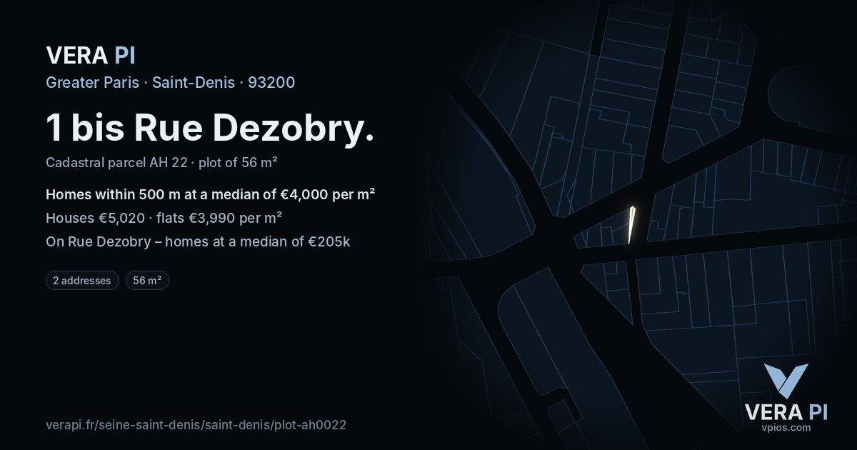 1 bis Rue Dezobry, Saint-Denis at night – the plot lit, the parcels around coloured by the prices near them