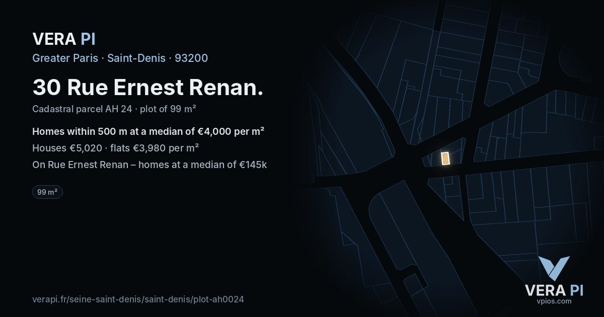 30 Rue Ernest Renan, Saint-Denis at night – the plot lit, the parcels around coloured by the prices near them