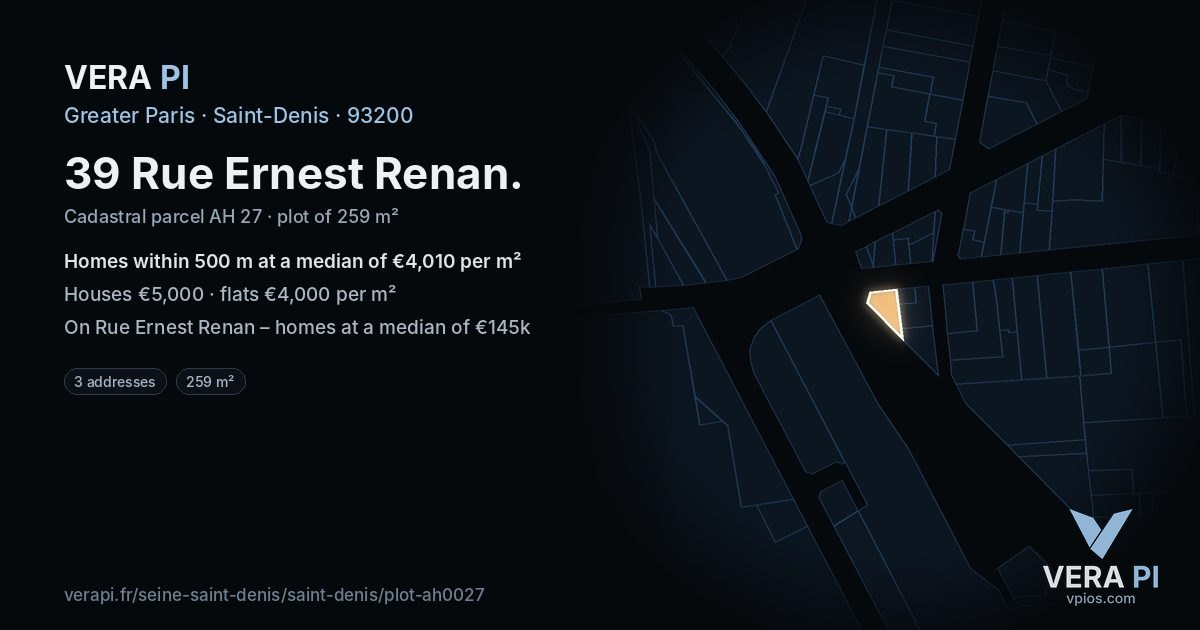 39 Rue Ernest Renan, Saint-Denis at night – the plot lit, the parcels around coloured by the prices near them