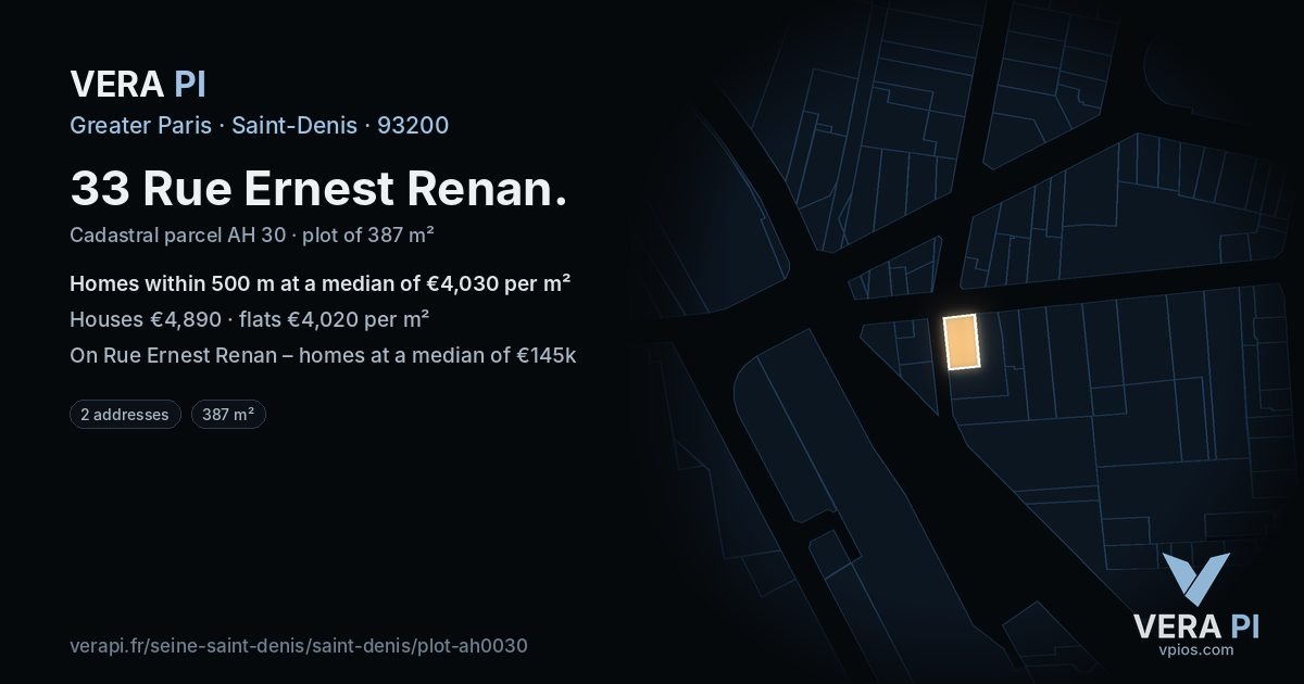 33 Rue Ernest Renan, Saint-Denis at night – the plot lit, the parcels around coloured by the prices near them