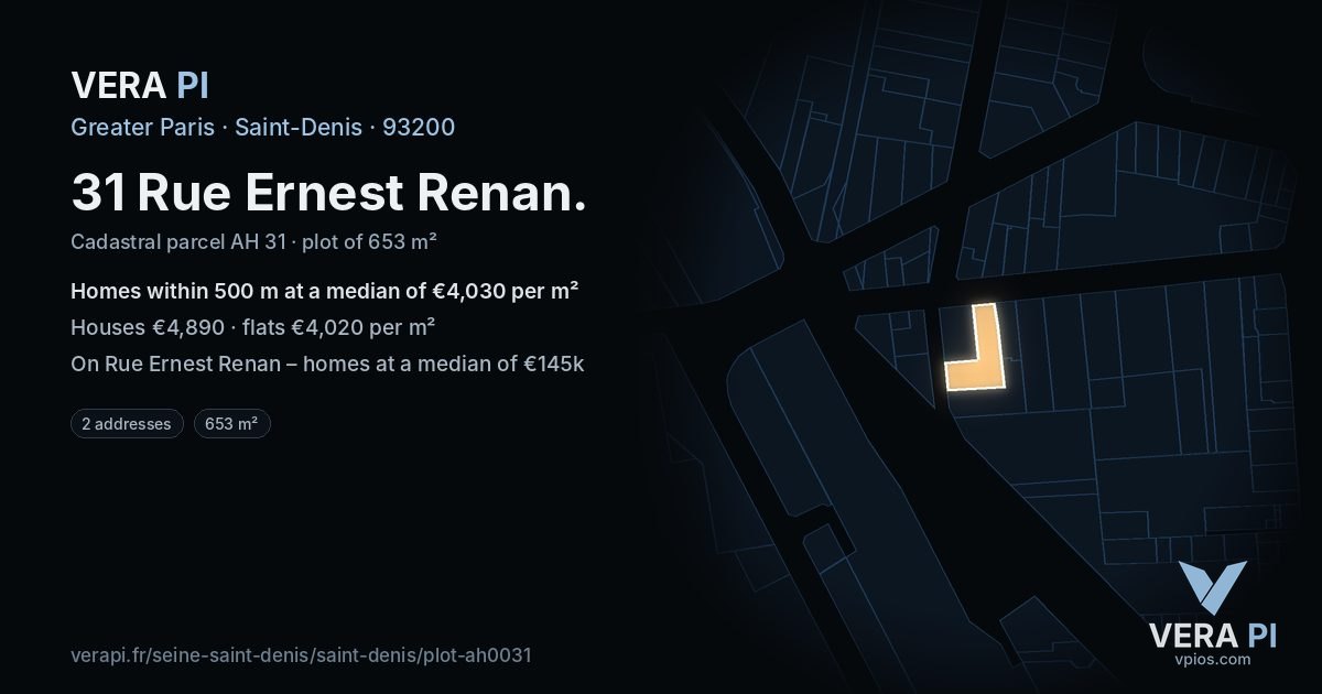 31 Rue Ernest Renan, Saint-Denis at night – the plot lit, the parcels around coloured by the prices near them