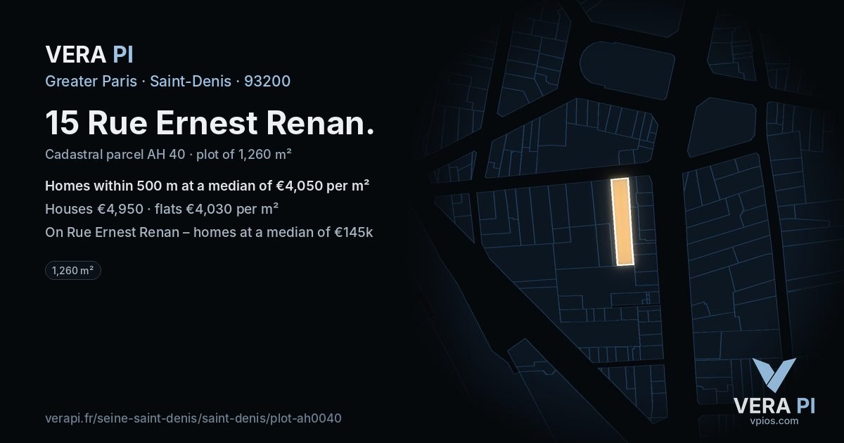 15 Rue Ernest Renan, Saint-Denis at night – the plot lit, the parcels around coloured by the prices near them