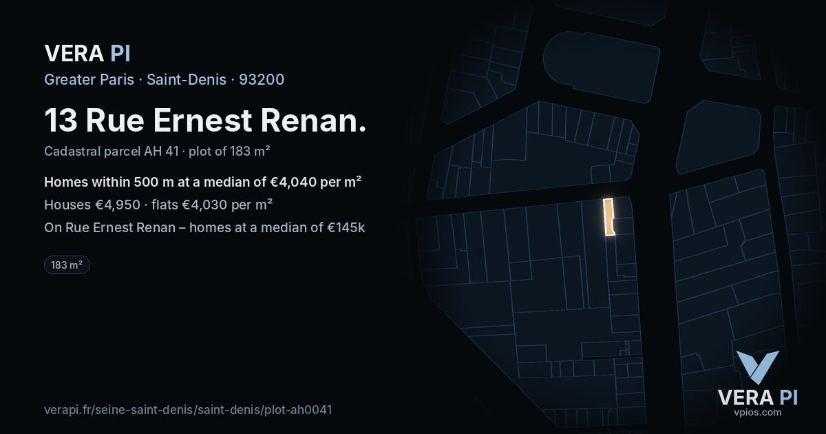 13 Rue Ernest Renan, Saint-Denis at night – the plot lit, the parcels around coloured by the prices near them