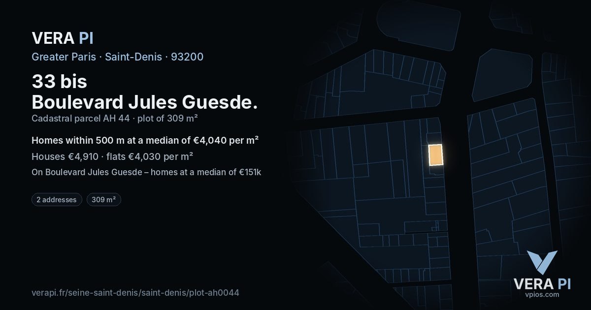 33 bis Boulevard Jules Guesde, Saint-Denis at night – the plot lit, the parcels around coloured by the prices near them