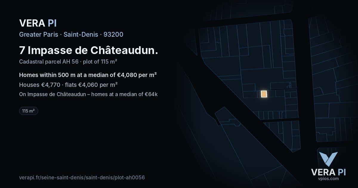 7 Impasse de Châteaudun, Saint-Denis at night – the plot lit, the parcels around coloured by the prices near them