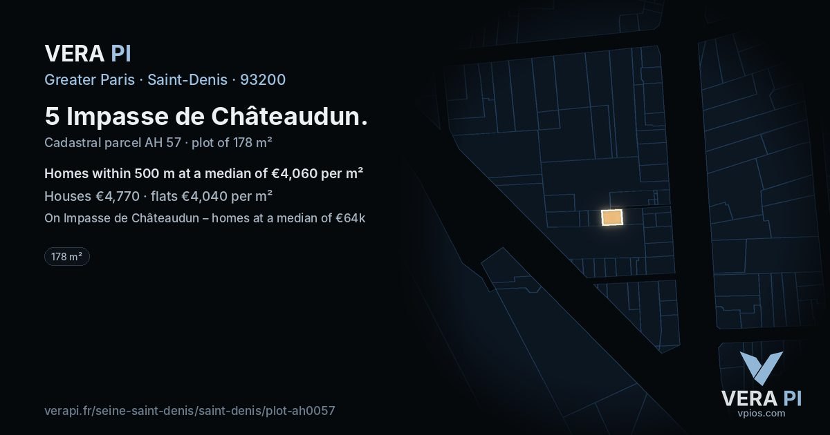 5 Impasse de Châteaudun, Saint-Denis at night – the plot lit, the parcels around coloured by the prices near them