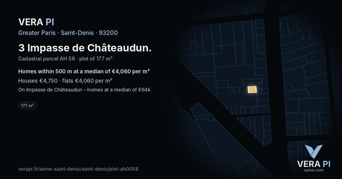 3 Impasse de Châteaudun, Saint-Denis at night – the plot lit, the parcels around coloured by the prices near them