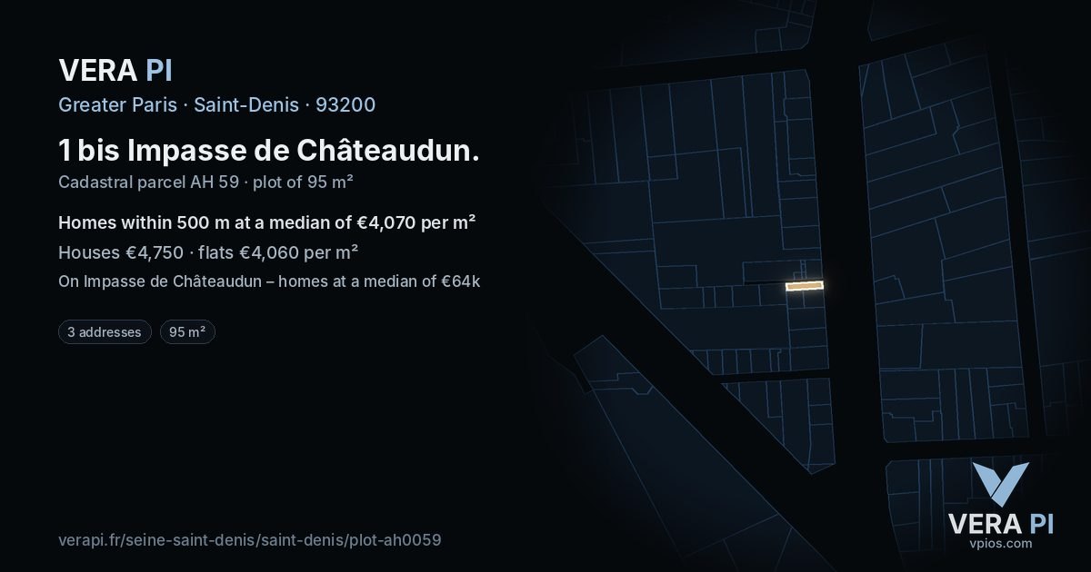 1 bis Impasse de Châteaudun, Saint-Denis at night – the plot lit, the parcels around coloured by the prices near them