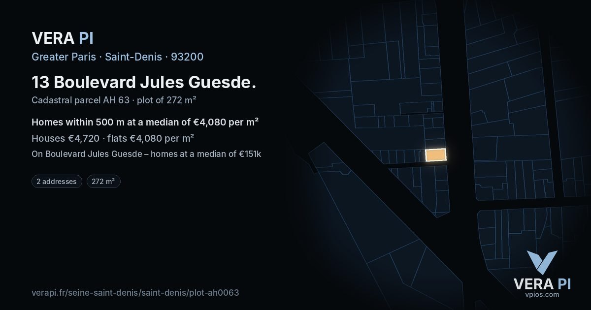 13 Boulevard Jules Guesde, Saint-Denis at night – the plot lit, the parcels around coloured by the prices near them