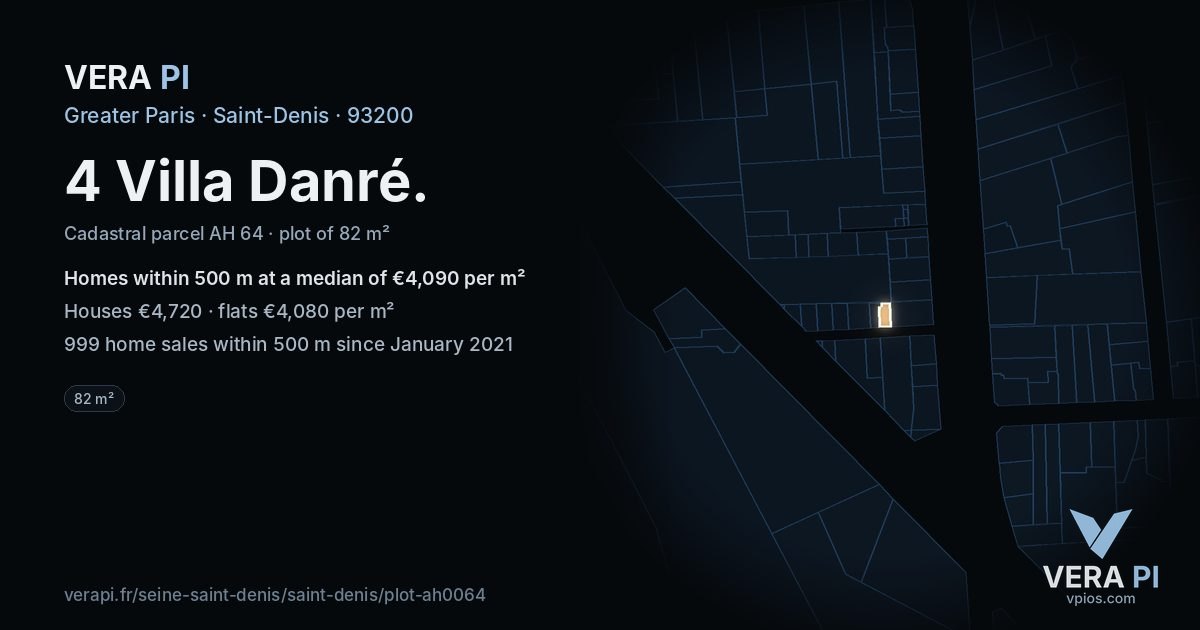 4 Villa Danré, Saint-Denis at night – the plot lit, the parcels around coloured by the prices near them
