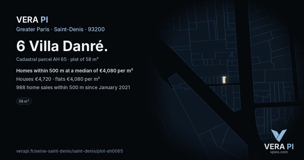 6 Villa Danré, Saint-Denis at night – the plot lit, the parcels around coloured by the prices near them