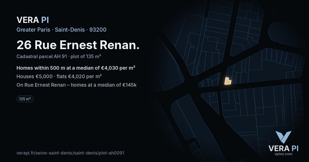 26 Rue Ernest Renan, Saint-Denis at night – the plot lit, the parcels around coloured by the prices near them