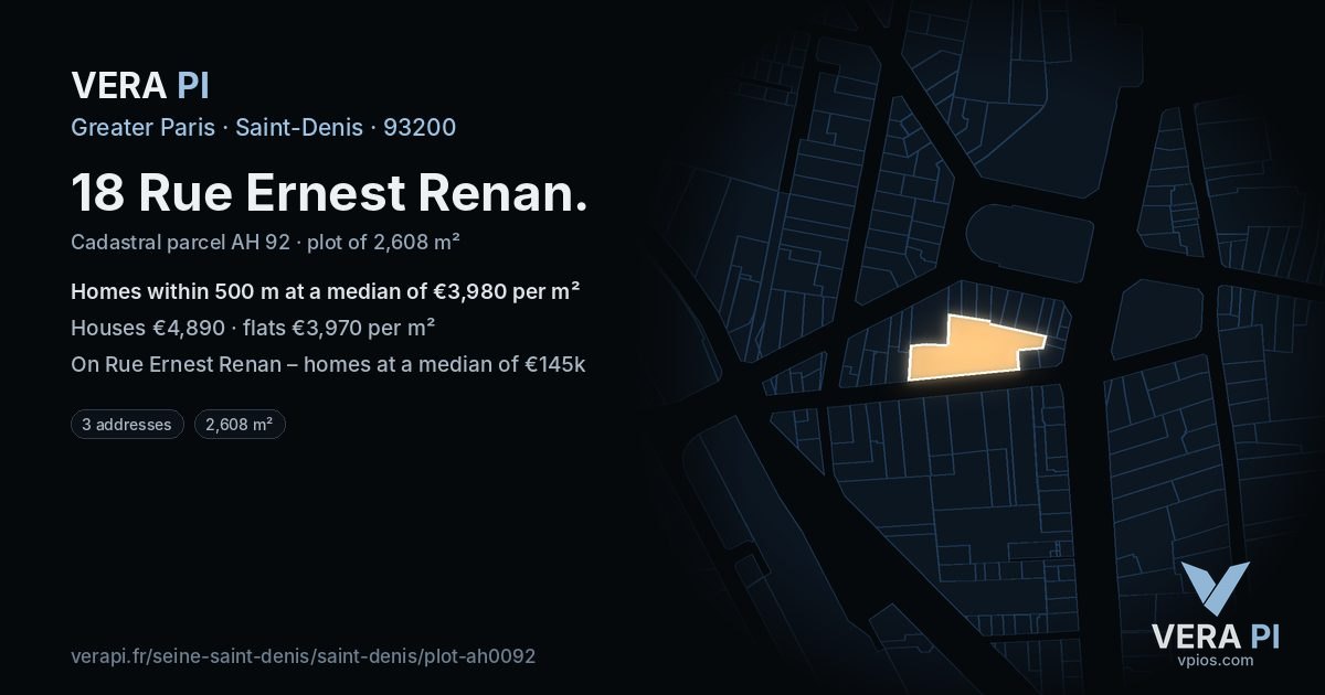 18 Rue Ernest Renan, Saint-Denis at night – the plot lit, the parcels around coloured by the prices near them