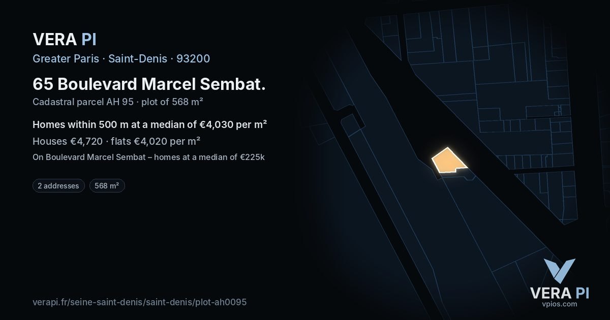 65 Boulevard Marcel Sembat, Saint-Denis at night – the plot lit, the parcels around coloured by the prices near them