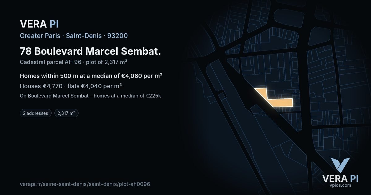 78 Boulevard Marcel Sembat, Saint-Denis at night – the plot lit, the parcels around coloured by the prices near them