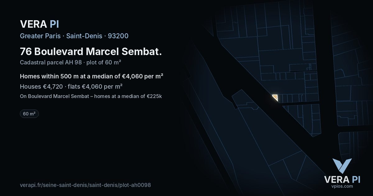 76 Boulevard Marcel Sembat, Saint-Denis at night – the plot lit, the parcels around coloured by the prices near them