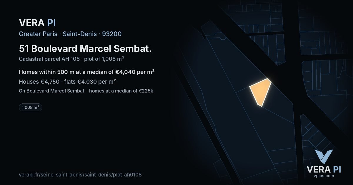 51 Boulevard Marcel Sembat, Saint-Denis at night – the plot lit, the parcels around coloured by the prices near them