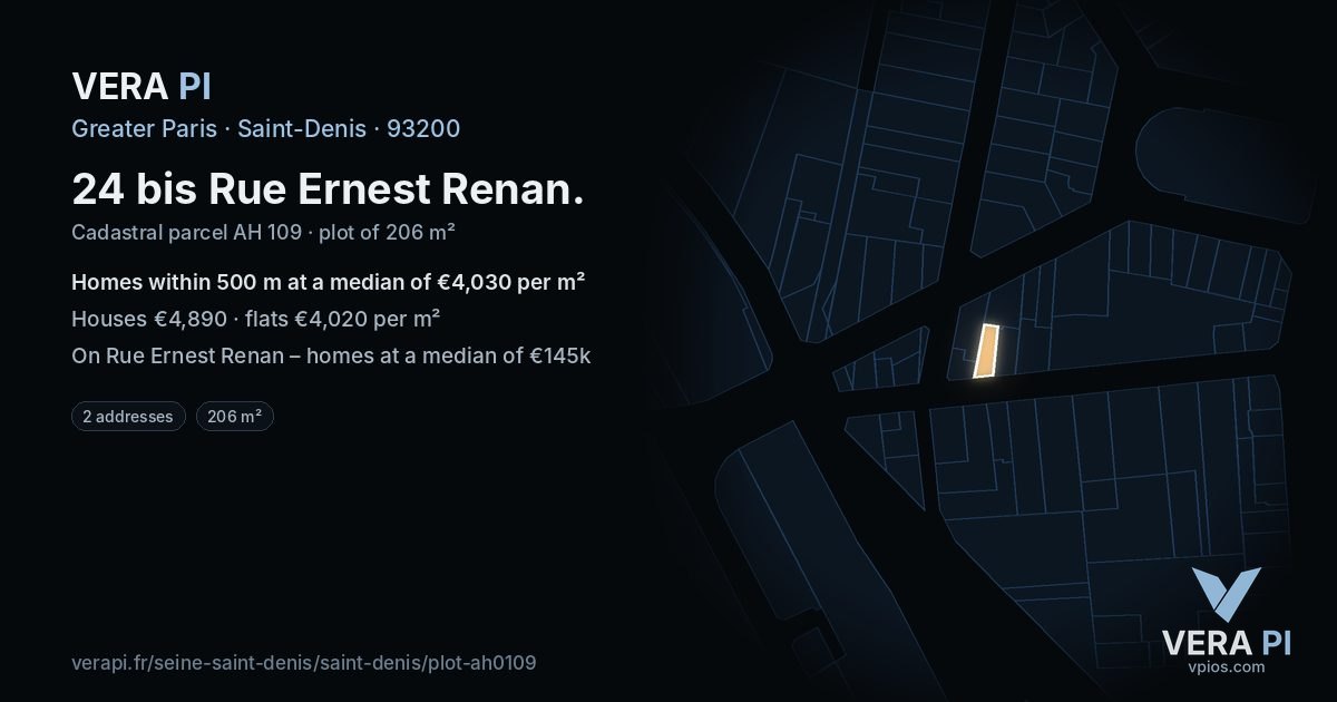 24 bis Rue Ernest Renan, Saint-Denis at night – the plot lit, the parcels around coloured by the prices near them
