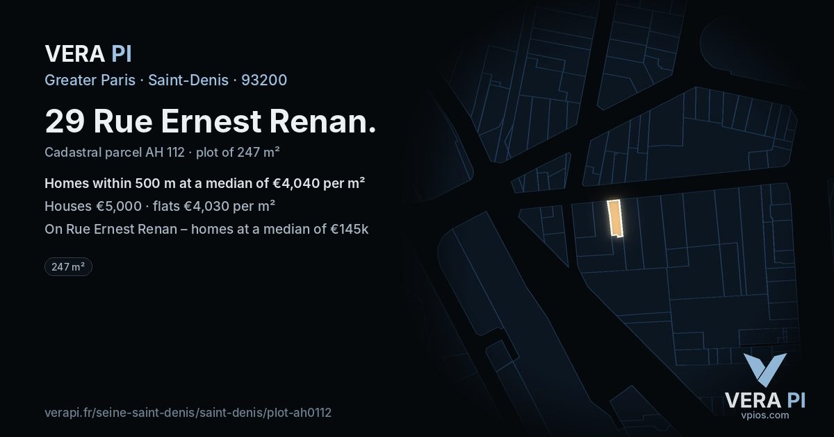 29 Rue Ernest Renan, Saint-Denis at night – the plot lit, the parcels around coloured by the prices near them