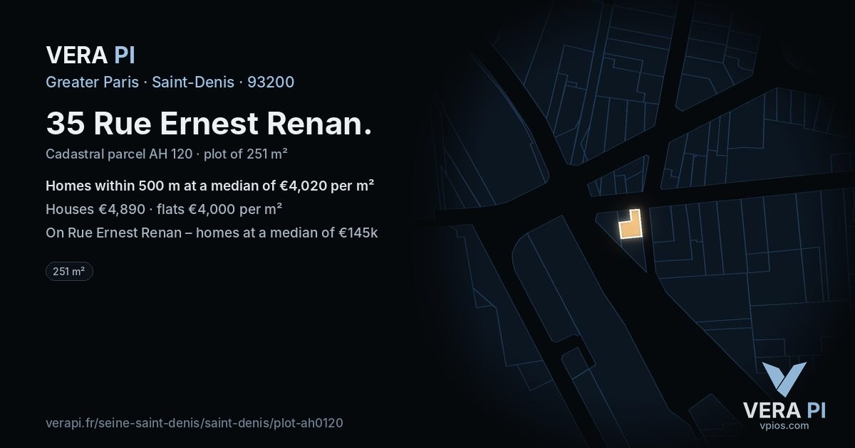 35 Rue Ernest Renan, Saint-Denis at night – the plot lit, the parcels around coloured by the prices near them