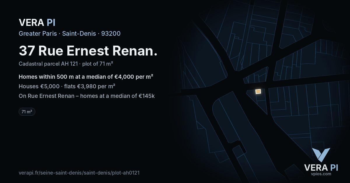 37 Rue Ernest Renan, Saint-Denis at night – the plot lit, the parcels around coloured by the prices near them