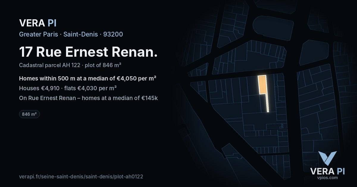 17 Rue Ernest Renan, Saint-Denis at night – the plot lit, the parcels around coloured by the prices near them
