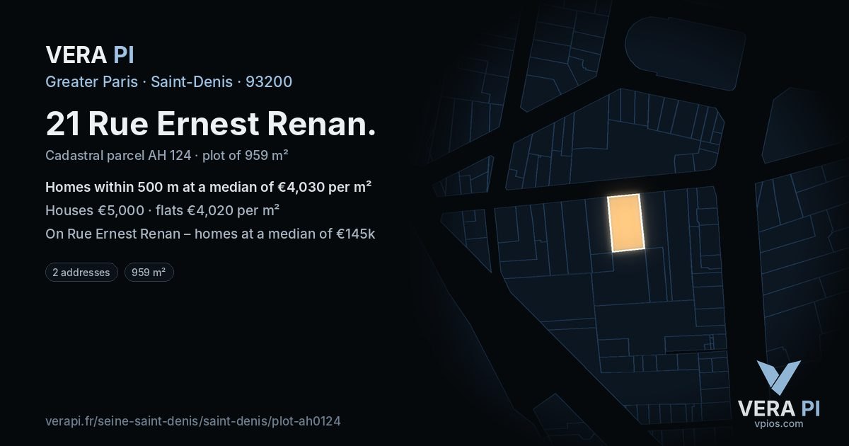 21 Rue Ernest Renan, Saint-Denis at night – the plot lit, the parcels around coloured by the prices near them