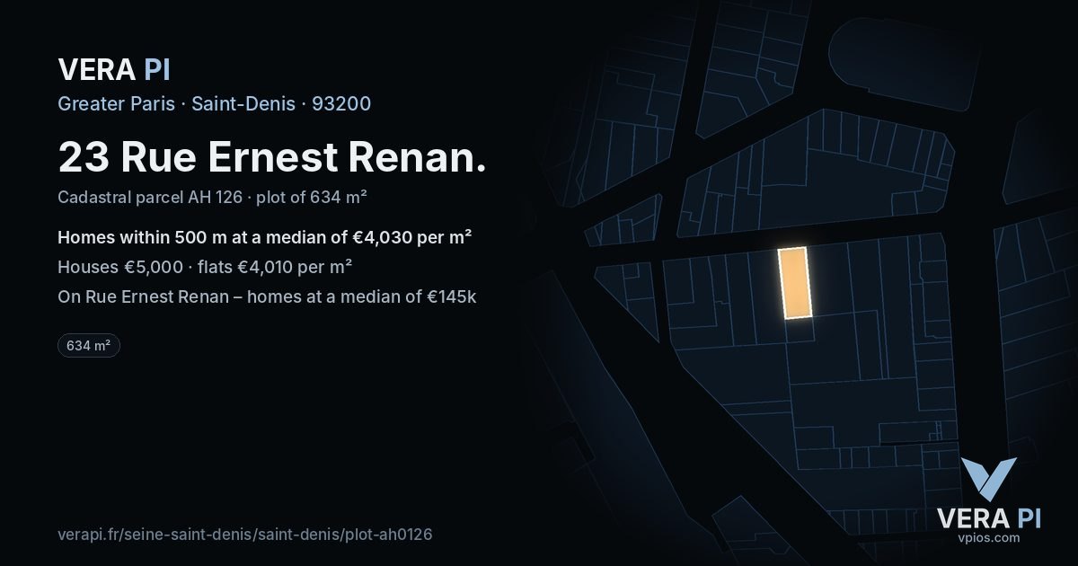 23 Rue Ernest Renan, Saint-Denis at night – the plot lit, the parcels around coloured by the prices near them