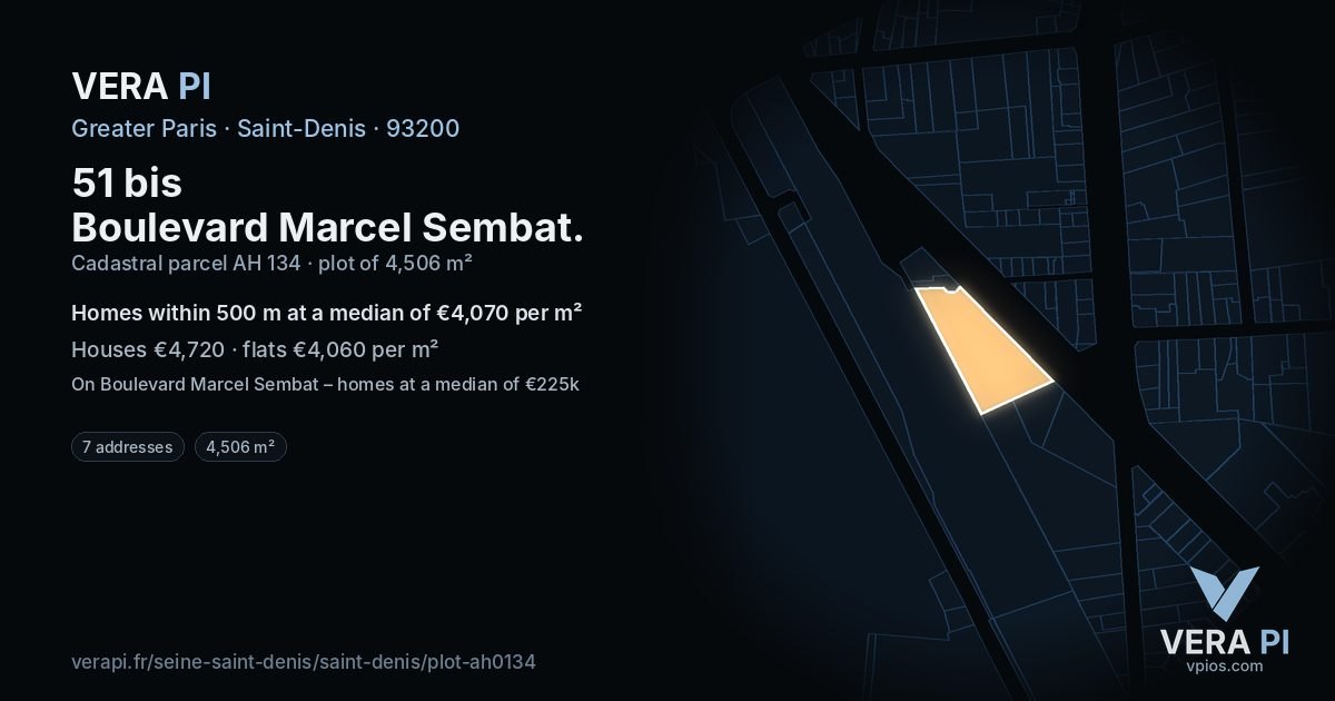 51 bis Boulevard Marcel Sembat, Saint-Denis at night – the plot lit, the parcels around coloured by the prices near them
