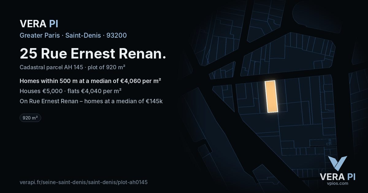 25 Rue Ernest Renan, Saint-Denis at night – the plot lit, the parcels around coloured by the prices near them