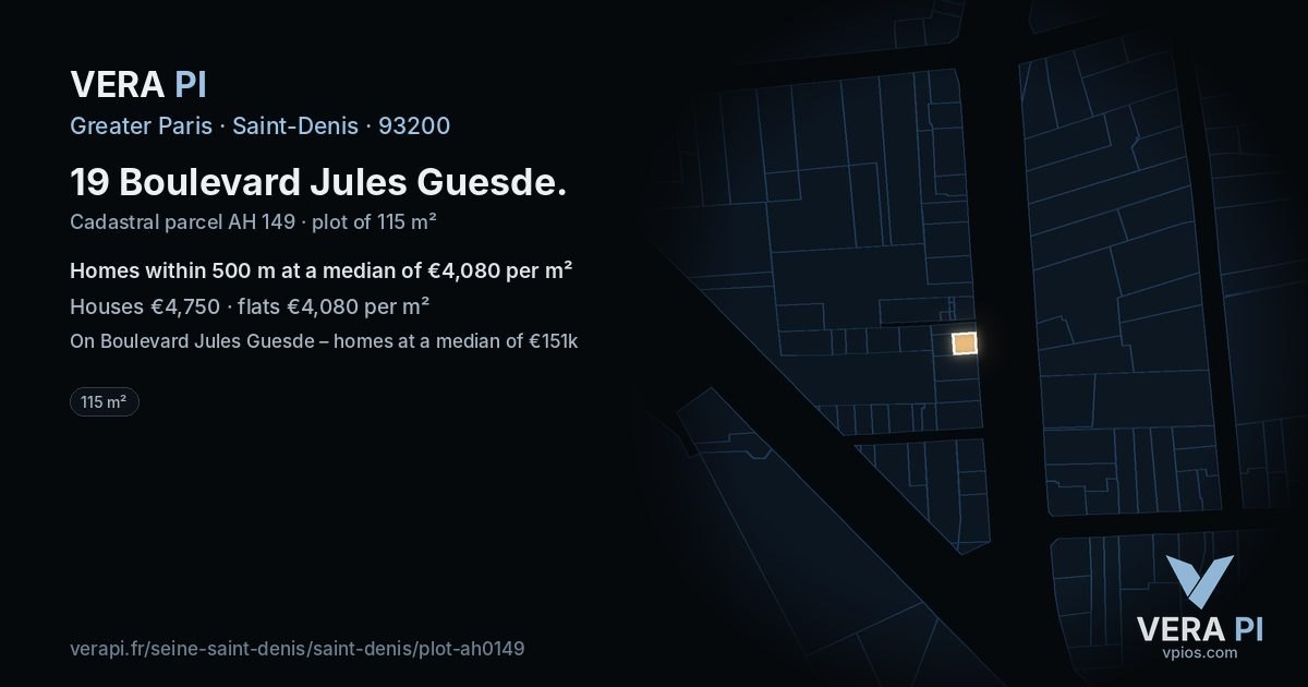 19 Boulevard Jules Guesde, Saint-Denis at night – the plot lit, the parcels around coloured by the prices near them