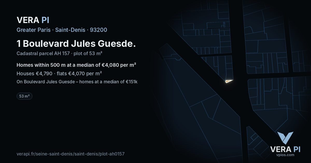 1 Boulevard Jules Guesde, Saint-Denis at night – the plot lit, the parcels around coloured by the prices near them