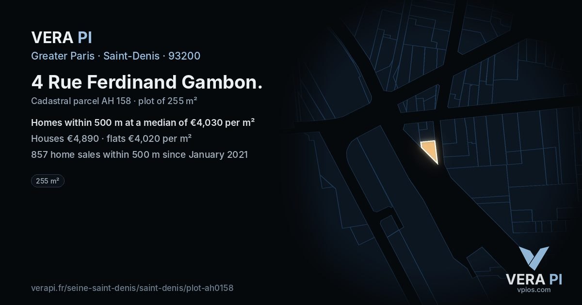 4 Rue Ferdinand Gambon, Saint-Denis at night – the plot lit, the parcels around coloured by the prices near them