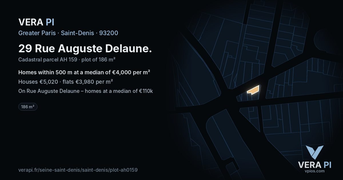 29 Rue Auguste Delaune, Saint-Denis at night – the plot lit, the parcels around coloured by the prices near them