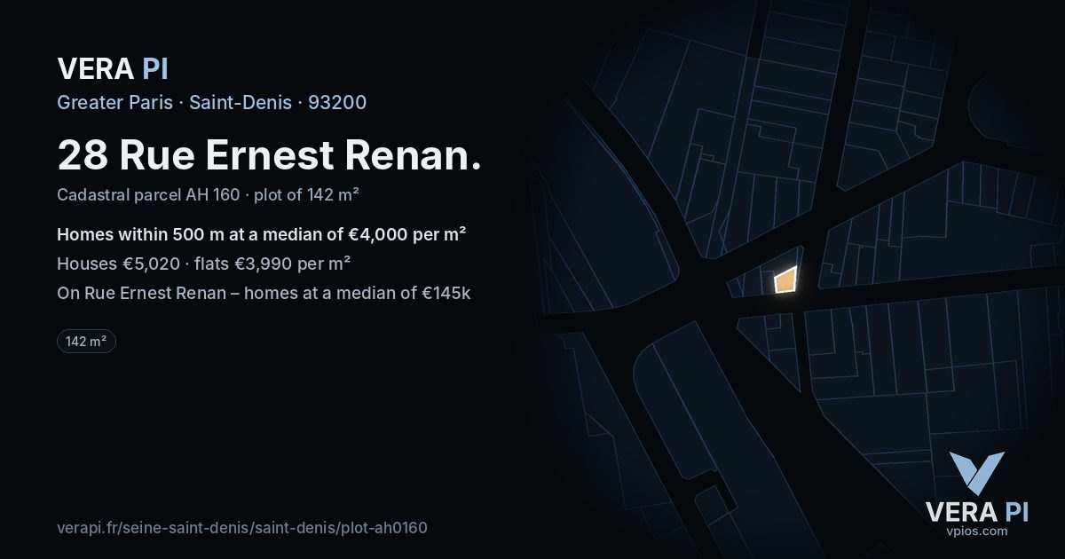 28 Rue Ernest Renan, Saint-Denis at night – the plot lit, the parcels around coloured by the prices near them