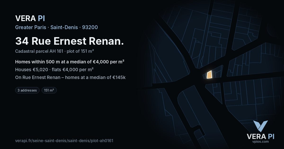 34 Rue Ernest Renan, Saint-Denis at night – the plot lit, the parcels around coloured by the prices near them