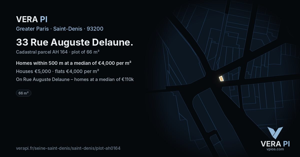 33 Rue Auguste Delaune, Saint-Denis at night – the plot lit, the parcels around coloured by the prices near them