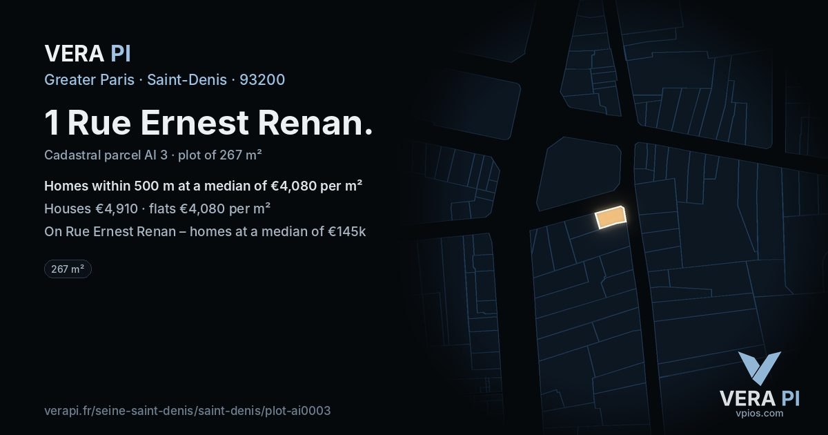 1 Rue Ernest Renan, Saint-Denis at night – the plot lit, the parcels around coloured by the prices near them