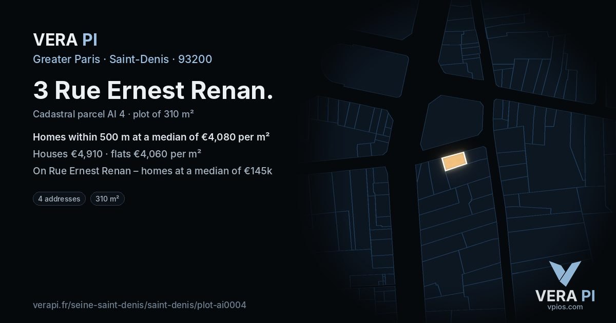 3 Rue Ernest Renan, Saint-Denis at night – the plot lit, the parcels around coloured by the prices near them