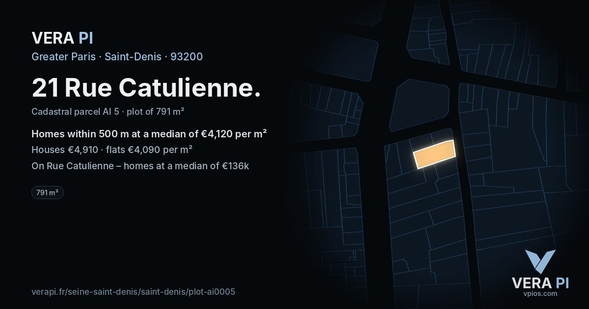 21 Rue Catulienne, Saint-Denis at night – the plot lit, the parcels around coloured by the prices near them